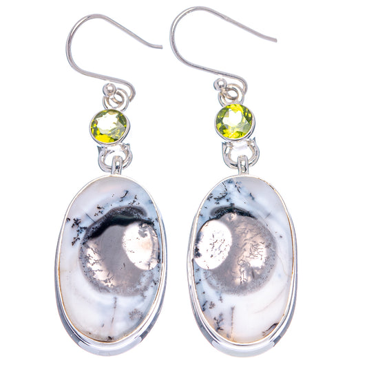 Peridot oval earrings with white-black dendritic opal drops, .925 sterling silver