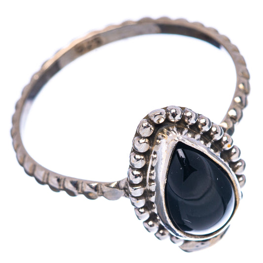 Dainty black onyx teardrop ring, sterling silver raised bead halo and scalloped band