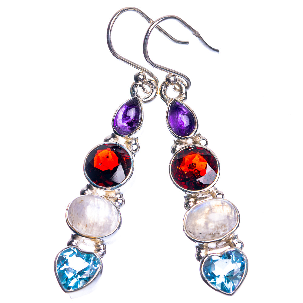 Rainbow Moonstone, Garnet, Blue Topaz, Amethyst 925 Sterling Silver Earrings 2"