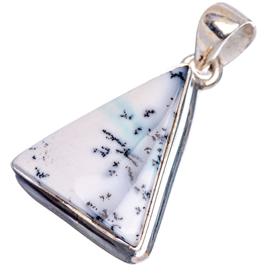 Triangular dendritic opal pendant with silver bezel and top loop, white stone with black branching