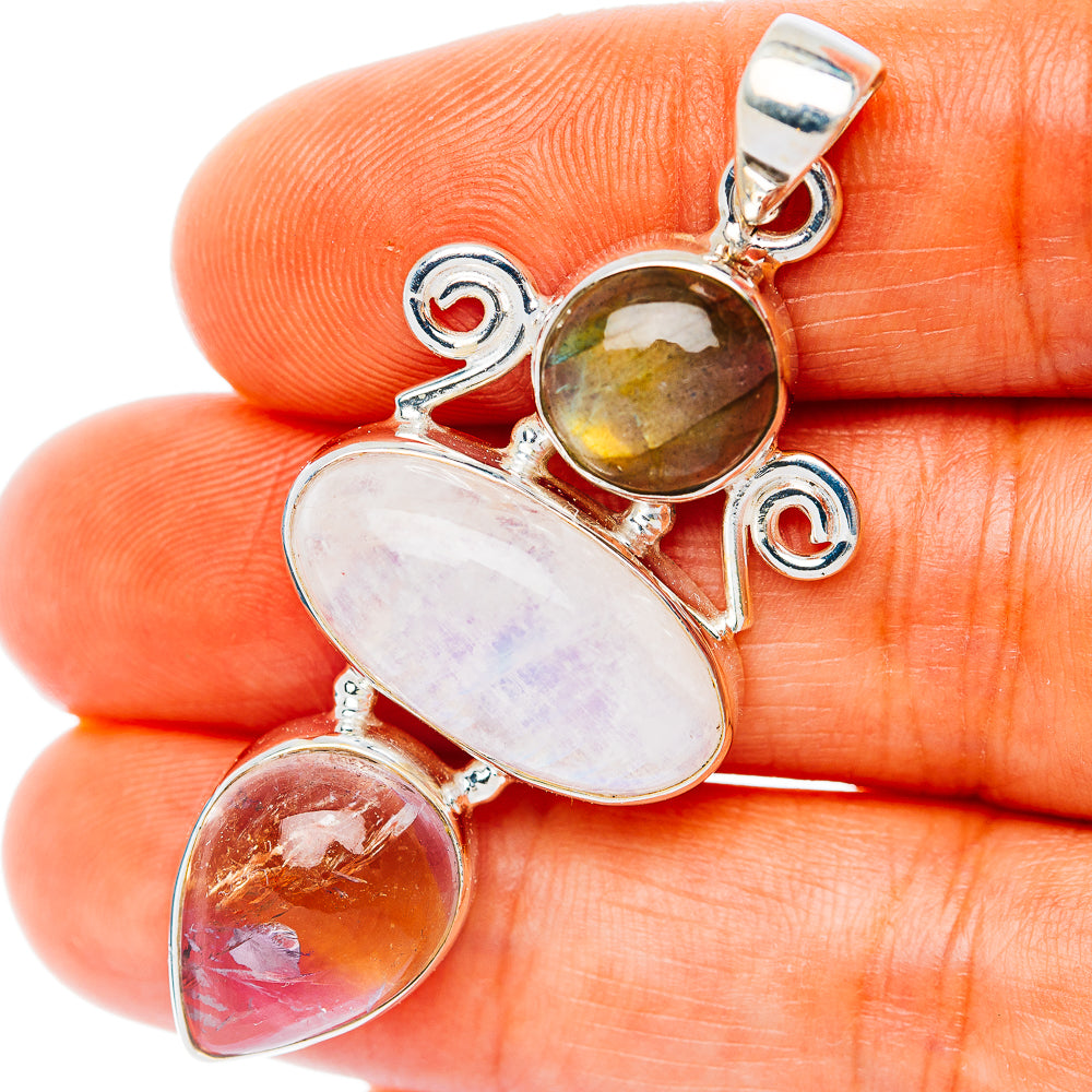 Premium Multi-Gem Rainbow Moonstone, Ametrine, Labradorite Pendant 2" (.925 Sterling Silver)
