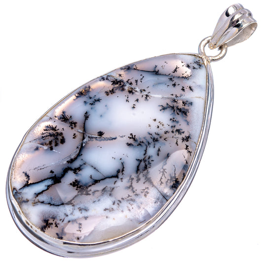 Sterling silver teardrop agate pendant, white with dark dendritic inclusions and bail