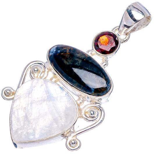 Sterling silver gemstone pendant with oval dark pietersite, moonstone, and red garnet accent, bail