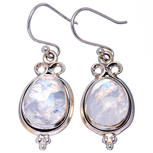 Sterling silver moonstone teardrop drop earrings with floral caps and hook backs