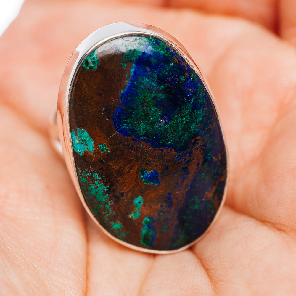 Sterling silver oval ring with azurite cabochon, deep blue and green mottling