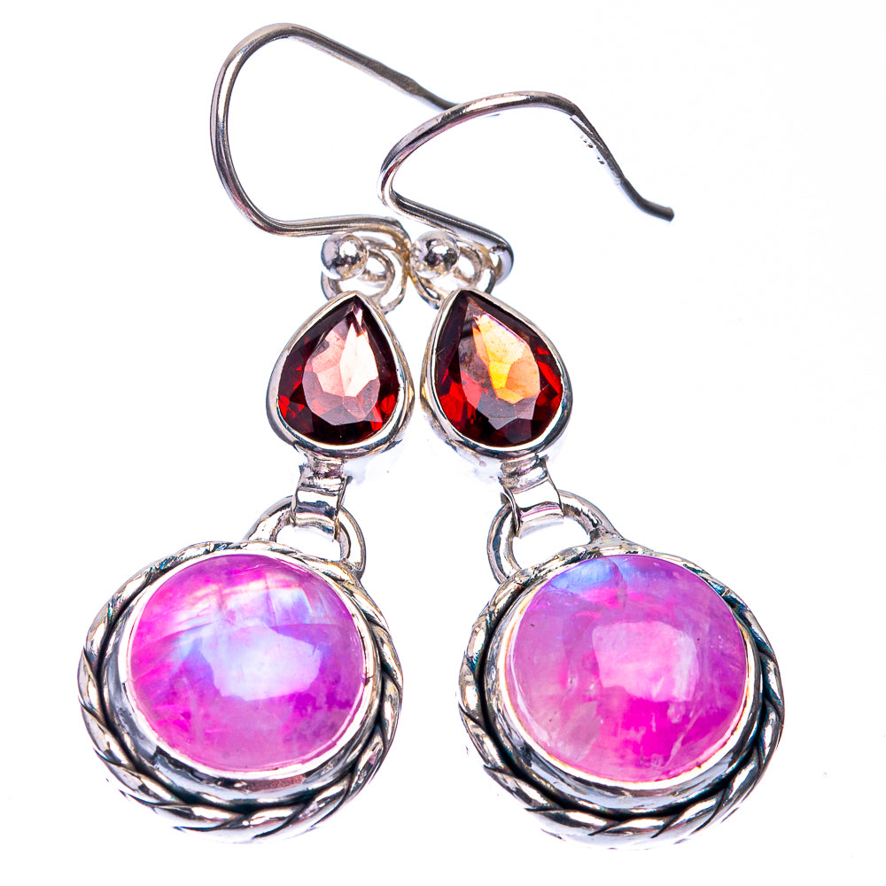 Pink Moonstone, Garnet Earrings 1 1/2" (925 Sterling Silver) E432393