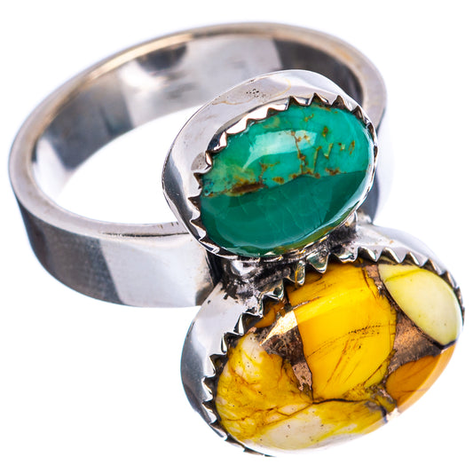 Adjustable sterling silver ring with green turquoise and yellow cabochon stones