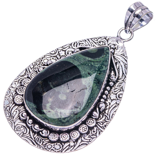 German silver jasper pendant teardrop with bail loop and ornate border in green