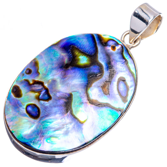 Oval abalone shell pendant with shimmering blue-green iridescence and sterling silver frame