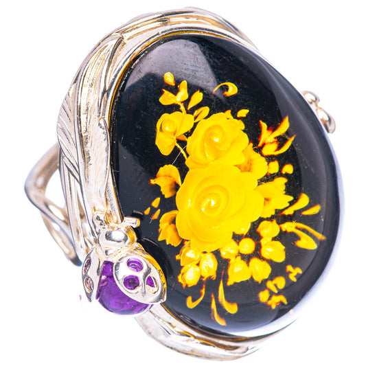 Amber Intaglio Rose Ladybug Ring Size 7 Adjustable (925 Sterling Silver) R3824