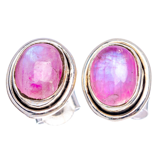 Pink oval moonstone stud earrings with layered .925 sterling silver oval frames