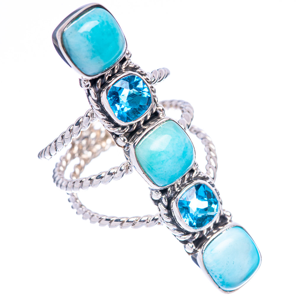 Sterling silver ring with larimar and blue topaz, five oval stones