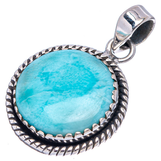 Round Larimar stone pendant in .925 sterling silver with rope bezel and top bail