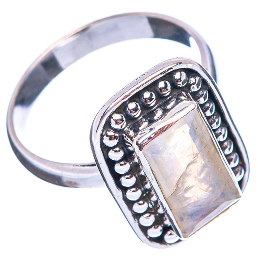 Sterling silver moonstone ring, faceted rectangular opal-like stone in raised dot bezel