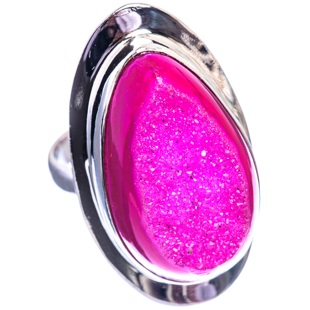 Oval pink druzy stone ring with polished 925 sterling silver setting
