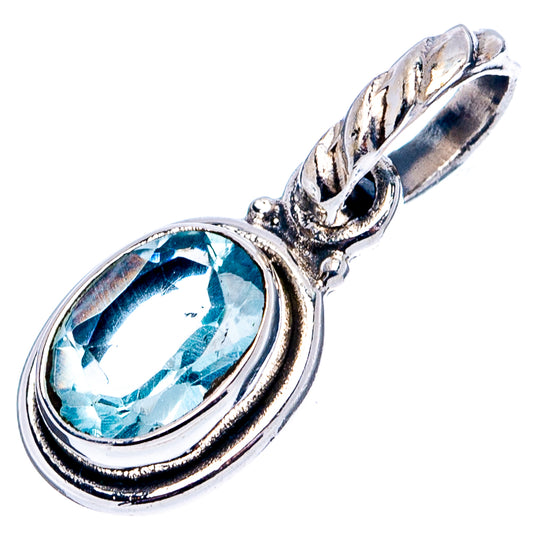 Sterling silver oval blue topaz pendant with detailed prongs and loop bail