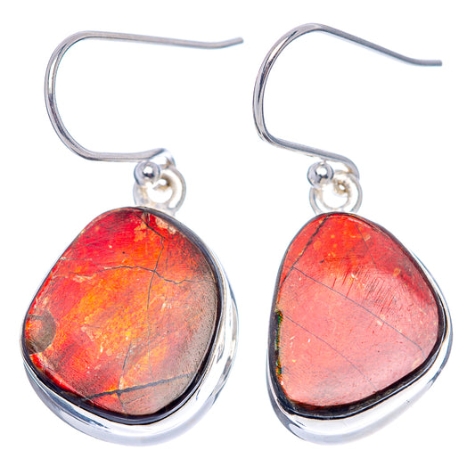 Sterling silver fishhook teardrop ammolite earrings with red iridescent drop stones