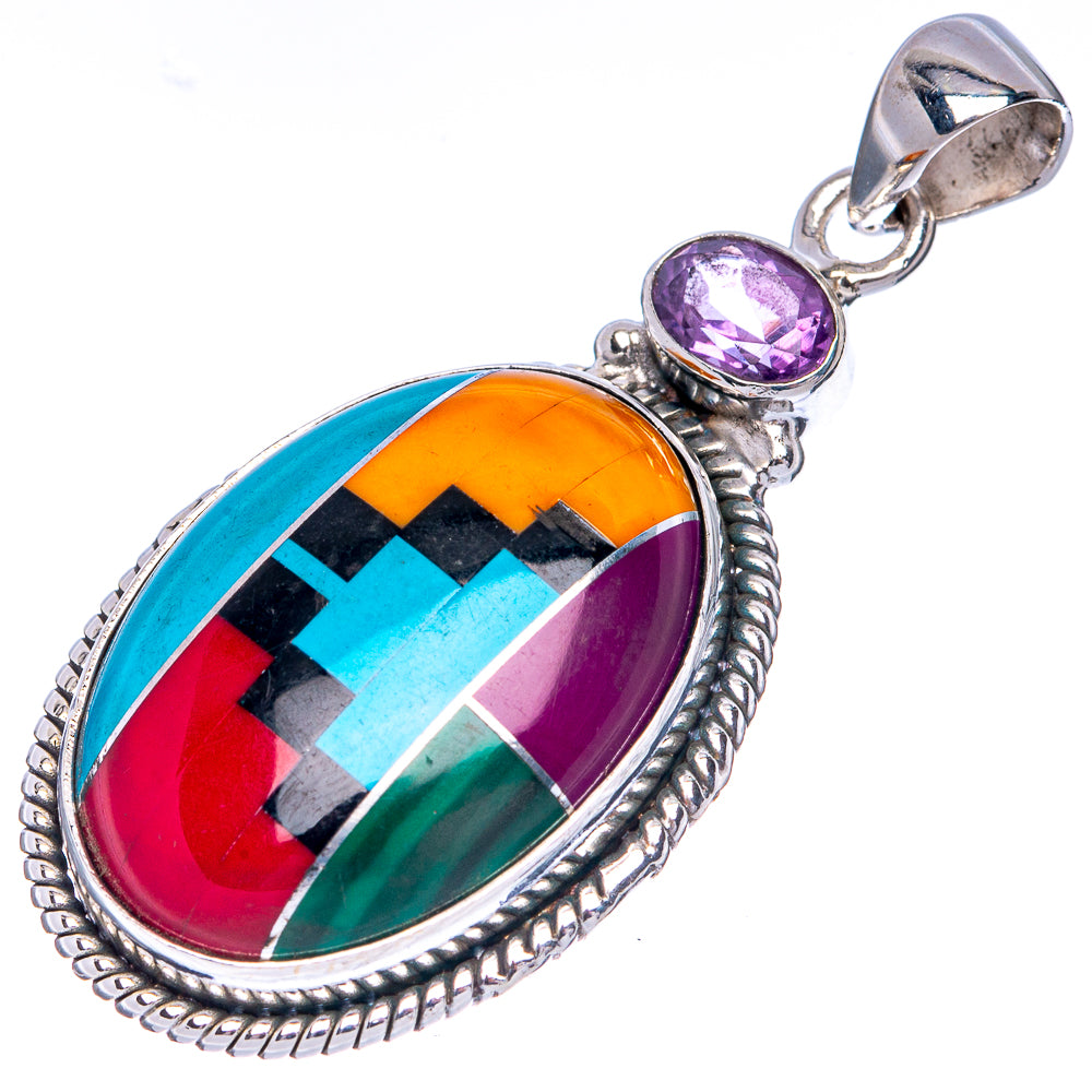 Multi-Stone Inlay, Amethyst Pendant 1 7/8" (925 Sterling Silver) P41528