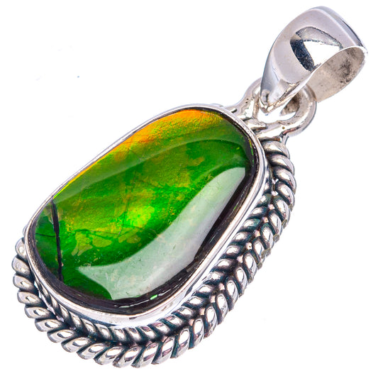 Sterling silver ammolite pendant with oval green gemstone, bail and rope-style frame