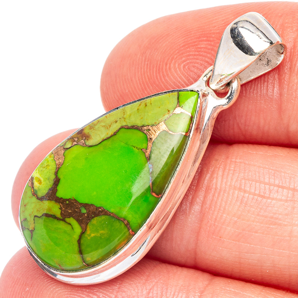 Green turquoise teardrop pendant in 925 sterling silver bezel, polished bail