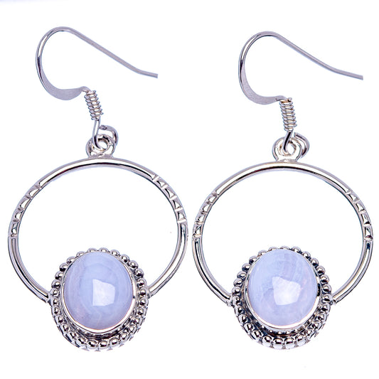 Pair of sterling silver drop earrings with blue lace agate oval stones in beaded settings