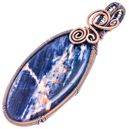 Sodalite wire wrap pendant with dark blue teardrop stone and oxidized copper wire border