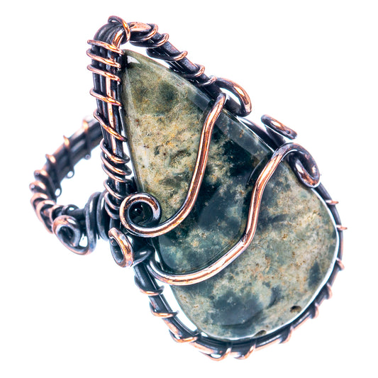 Oxidized copper wire wrap ring, large green ocean jasper teardrop with spiral wire details
