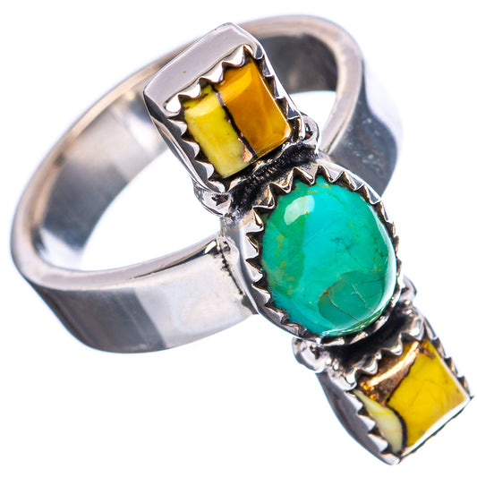 Silver adjustable ring with green oval turquoise stone and yellow square accents