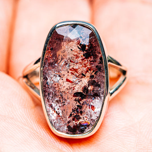 Front view oval lepidocrocite ring in .925 sterling silver with faceted bezel; size 7.75