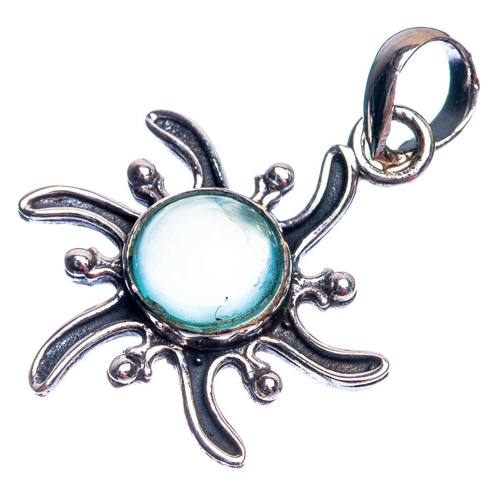 Round blue chalcedony pendant in sterling silver ornate floral openwork setting