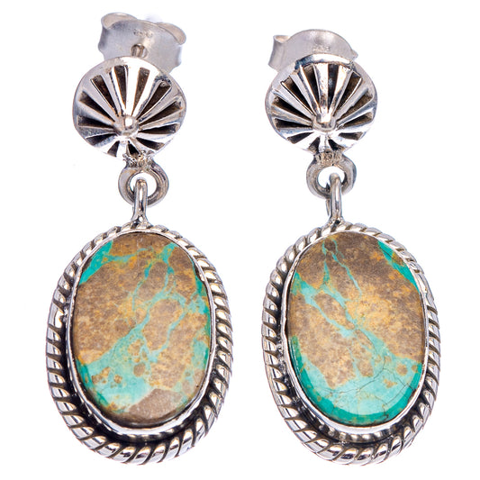 Turquoise oval drop earrings with rope-edged bezel and sunburst caps in .925 silver