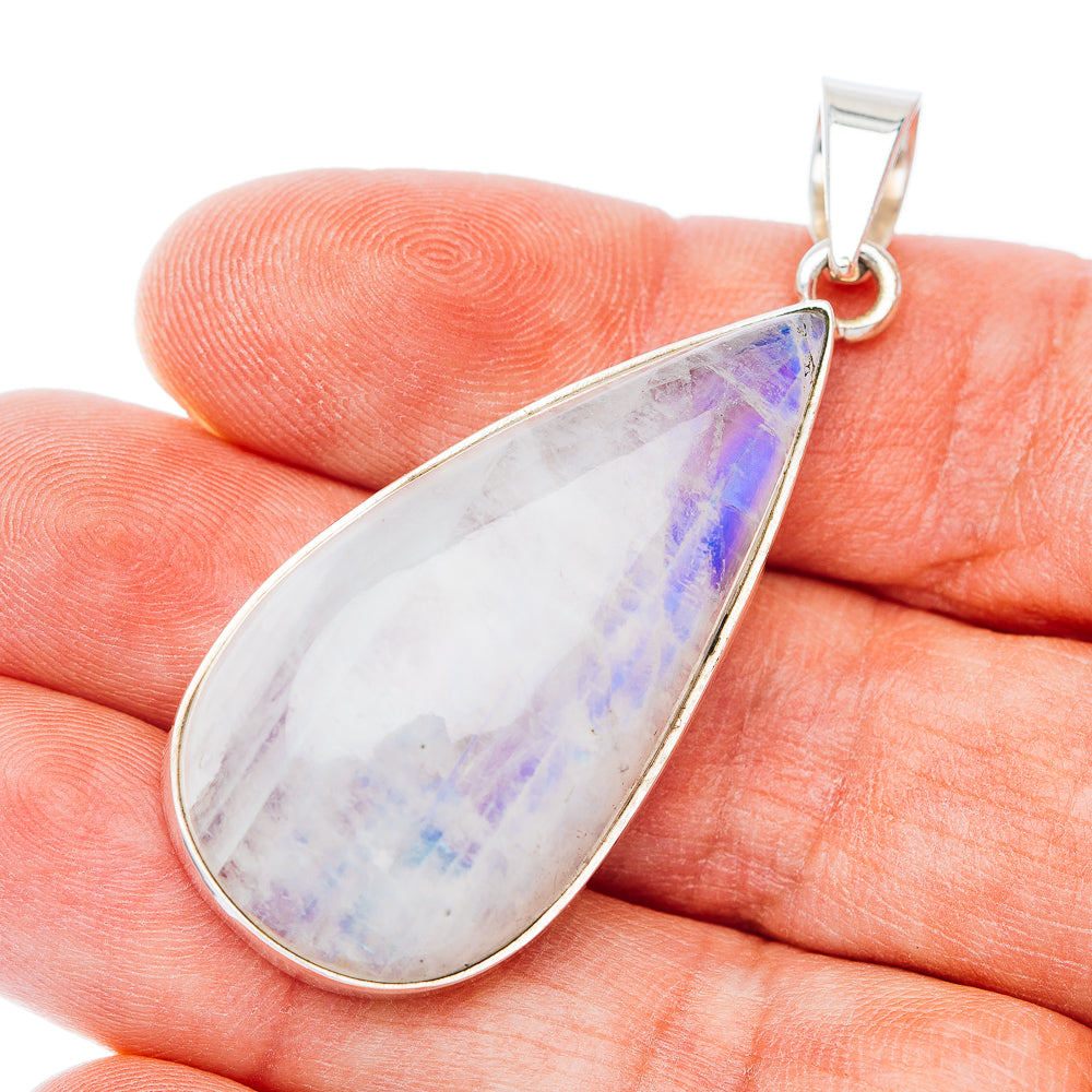 Teardrop rainbow moonstone pendant in .925 sterling silver bezel, loop bail at top