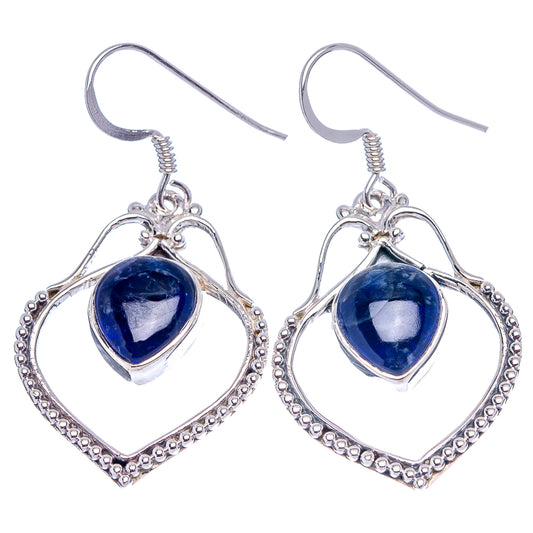 Pair of sterling silver sodalite heart drop earrings, blue stone in open frame