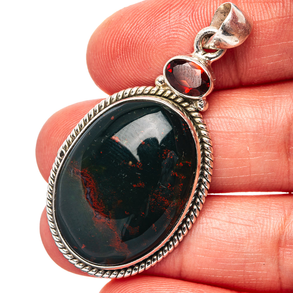 Bloodstone, Garnet Pendant 1 7/8" (.925 Sterling Silver)