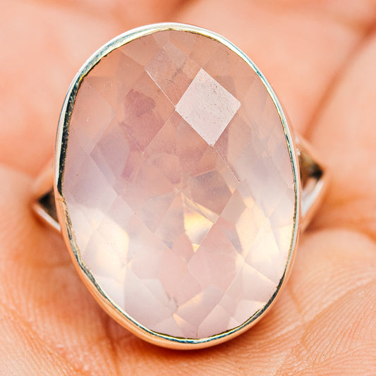 Rose quartz oval faceted ring with sterling silver bezel