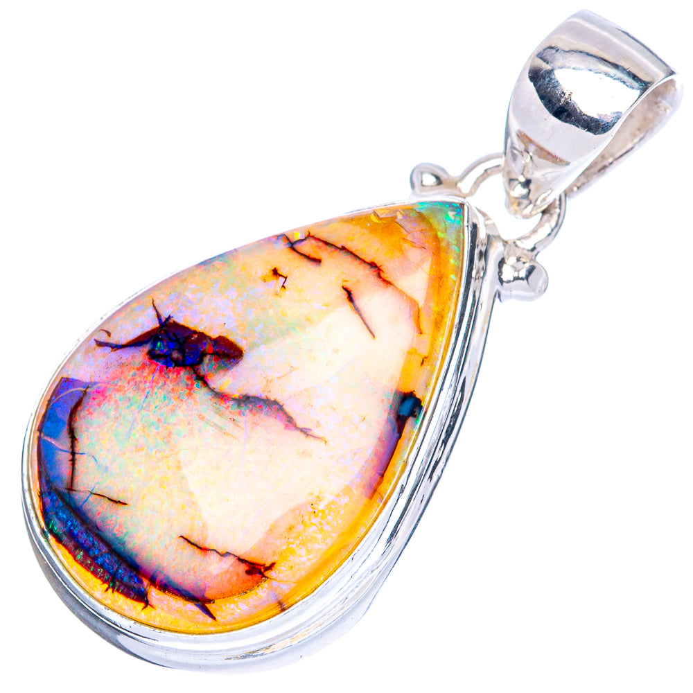 Sterling silver opal pendant with oval multicolor stone, open bail and heart charm