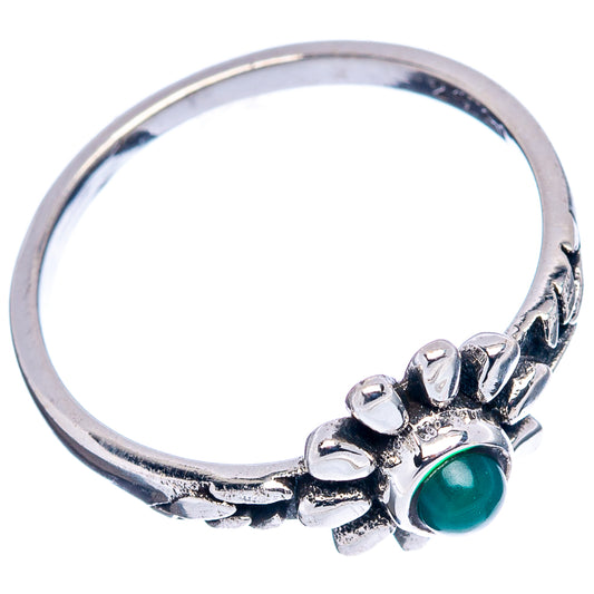 Sterling silver dainty flower ring band with raised green cabochon gemstone