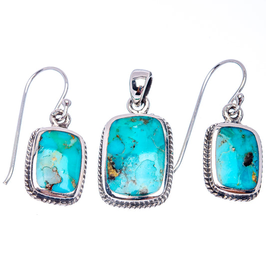 Turquoise pendant and earrings set, silver hooks with square turquoise stone cabochons