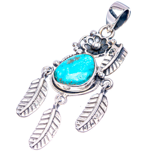Sterling silver turquoise pendant with oval stone, flower-like top, three feather dangles