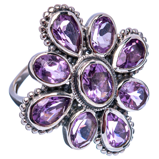 Amethyst flower ring with oval purple gemstones in silver-toned prong setting