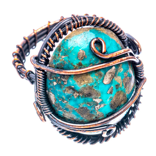 Turquoise oval stone wire wrap ring in oxidized copper with scalloped band