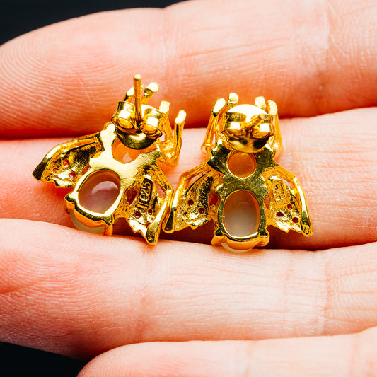 Ethiopian Opal, Rhodolite Garnet, Emerald Bee Earrings 3/4" (.925 Sterling Silver) 24k Gold Plated