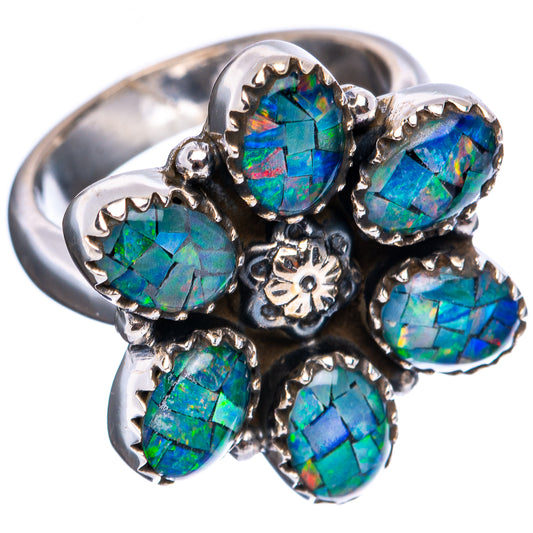 Adjustable silver opal ring, side view with six oval rainbow opal stones in settings