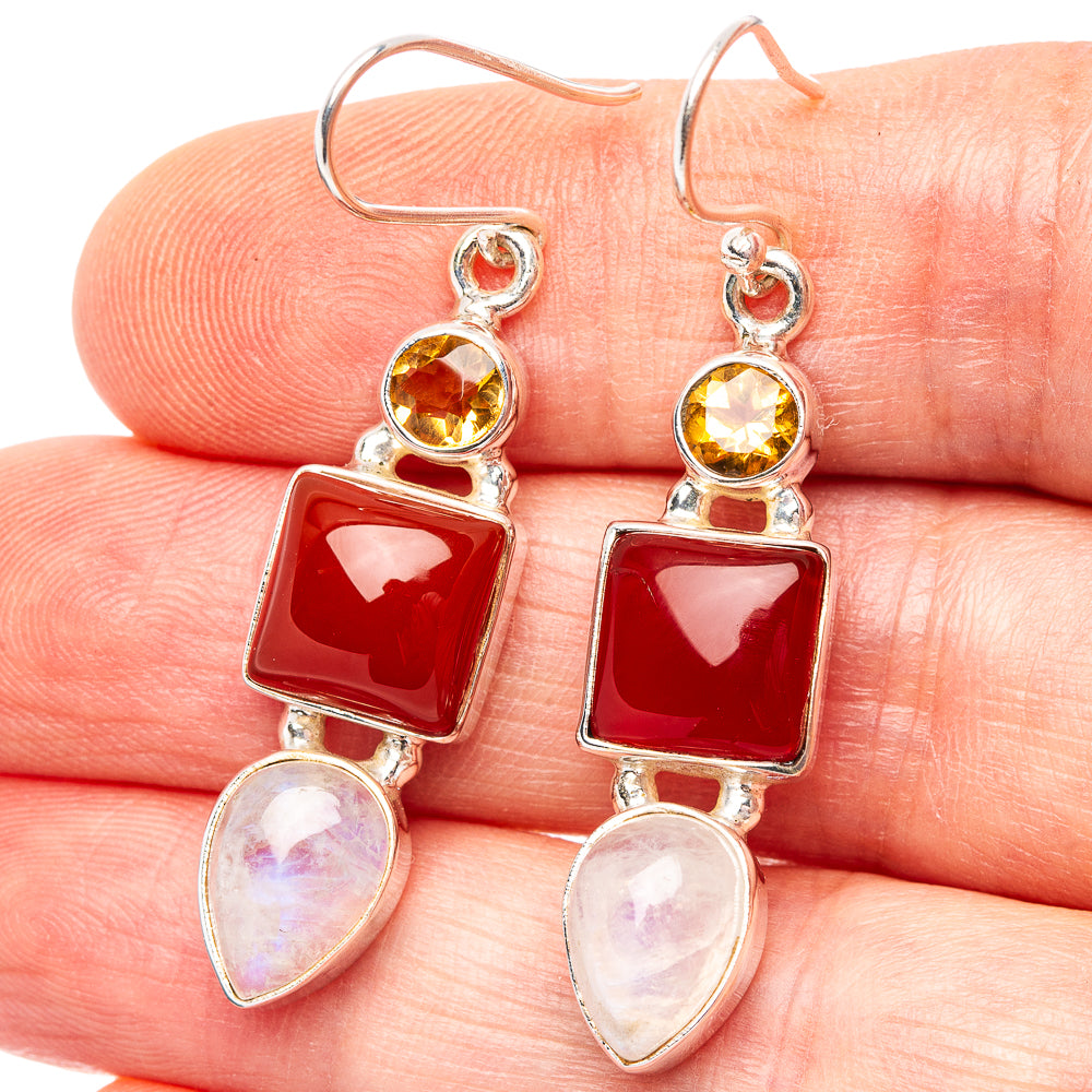 Sterling silver drop earrings with red square carnelian, yellow citrine, moonstone drops