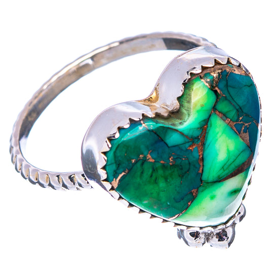 Turquoise heart inlay ring with scalloped silver edge, size 8