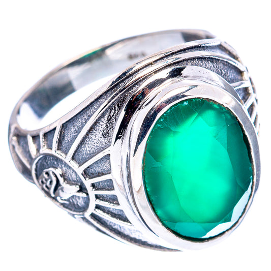 Sterling silver oval green gemstone ring with engraved side filigree