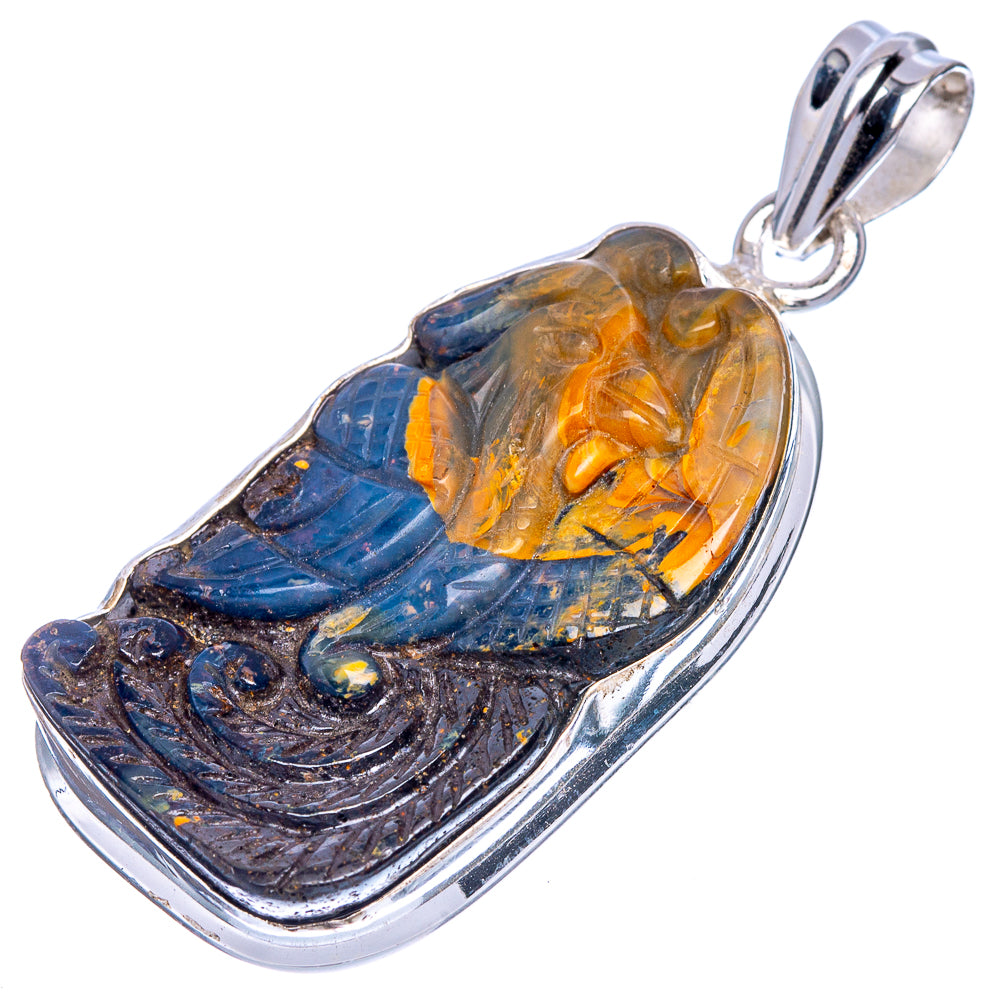 925 sterling silver boulder opal phoenix pendant with blue and amber stone bezel