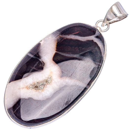 Black banded agate pendant oval cabochon with silver-plated frame and hanging loop