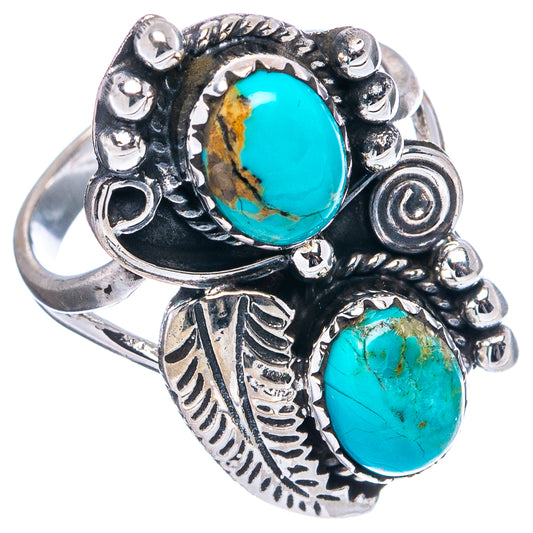 Turquoise oval double-stone sterling silver ring with engraved leaf design