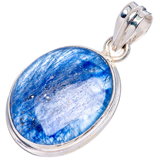 Oval kyanite pendant in 925 sterling silver with raised bezel and hinged loop, blue